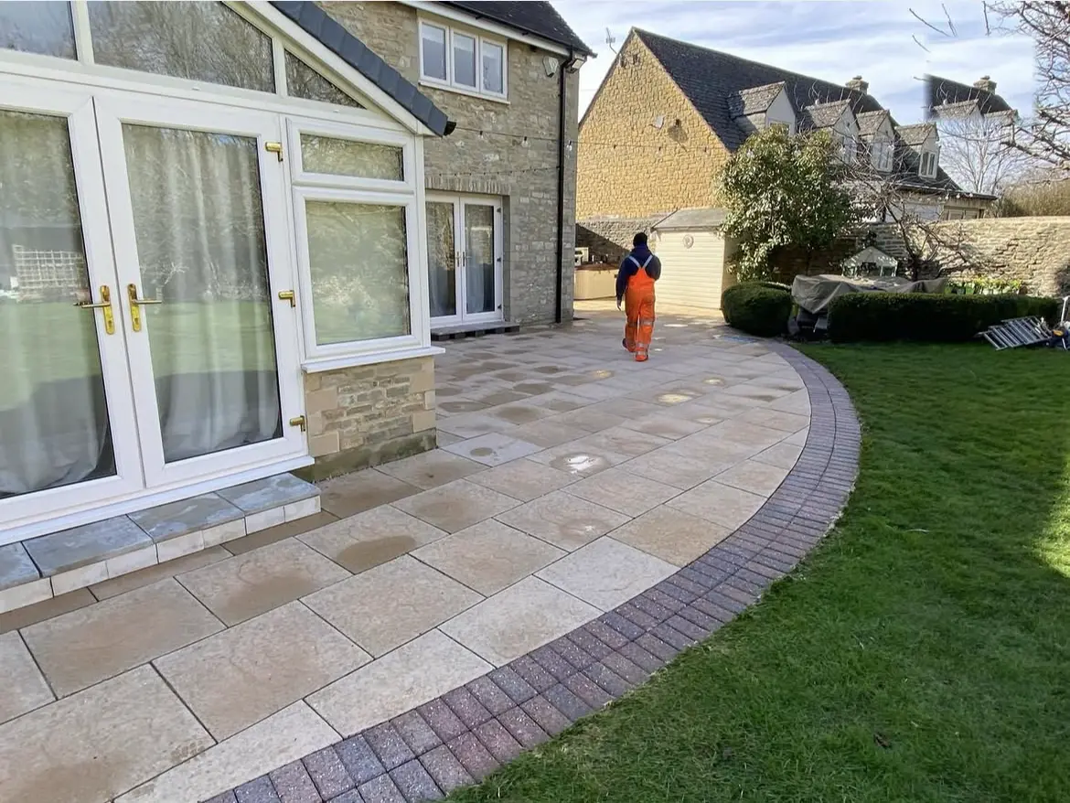 Patio cleaning by Geyserclean in Milton Keynes, work in progress