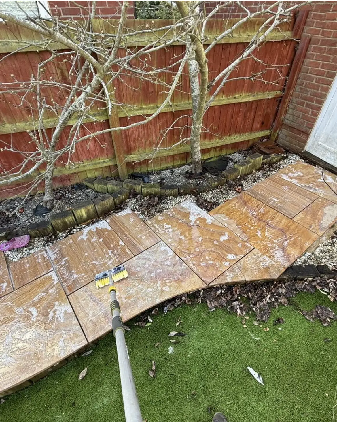 Patio cleaning by Geyserclean in Milton Keynes, work in progress